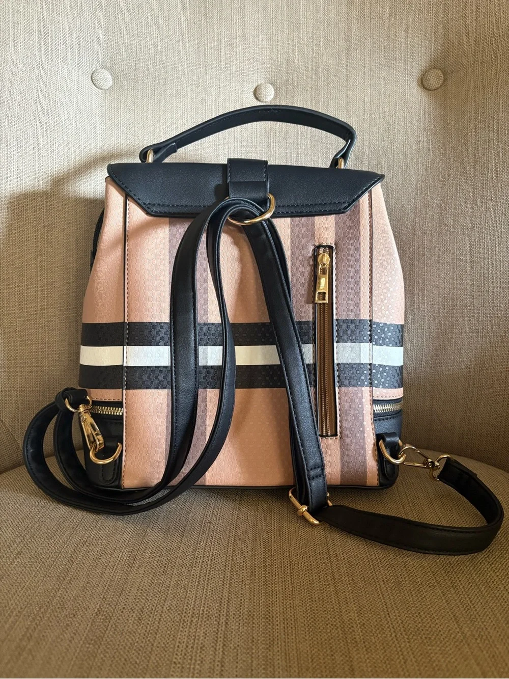 Striped Panel Handbag Backpack and Wallet Set - Black and Tan